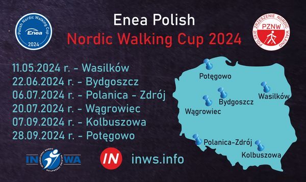 Plakat z mapą Polski, zawierajacy miejsca i terminy wydarzeń Enea Polish Nordic Walking Cup 
